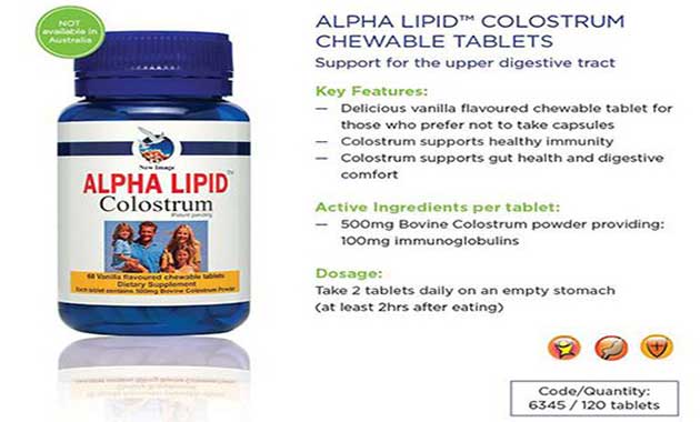 Thành phần và công dụng của Alpha Lipid Colostrum Tablets.